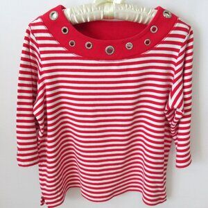 Quacker Factory red striped nautical grommet scoop neck 3/4 sleeve tee *Sz S*